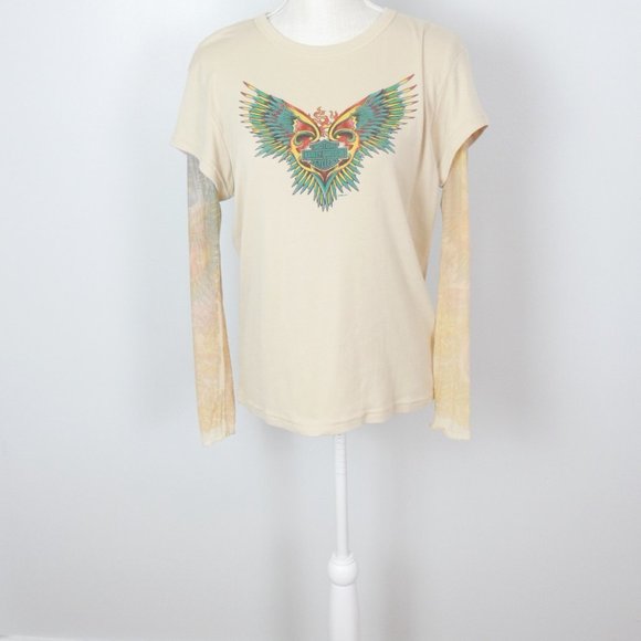 Vintage Y2K Harley Davidson Tan Cream Tee with Tattoo Sleeve Mesh Large - Picture 2 of 13
